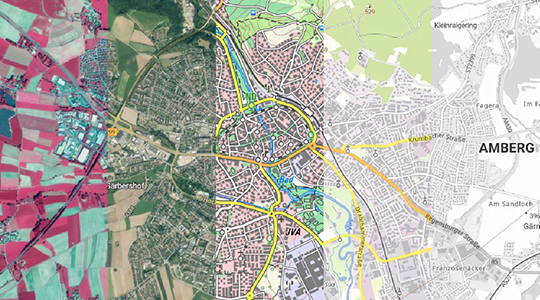 Kartenausschnitt von Amberg in den unterschiedlichen Darstellungen des WMTS-Dienstes